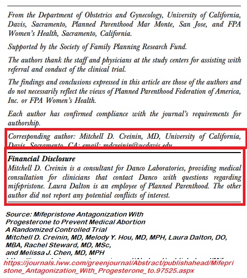 Image: Mitchell D Creinin financial conflicts from Danco abortion pill MFG APR Study