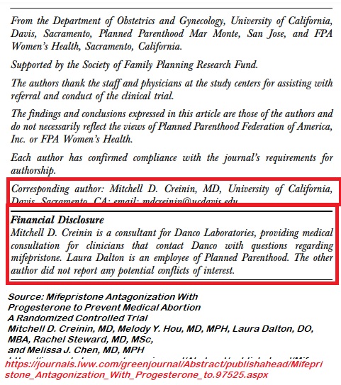 Image: Mitchell D Creinin financial conflicts from Danco abortion pill MFG APR Study 