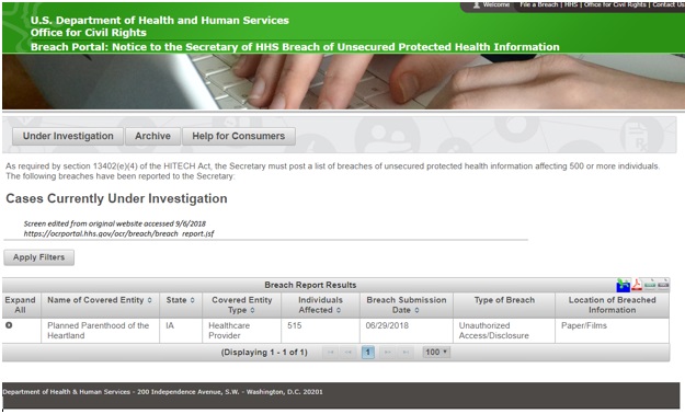 Image: Planned Parenthood of Heartland 2018 HIPPA violations