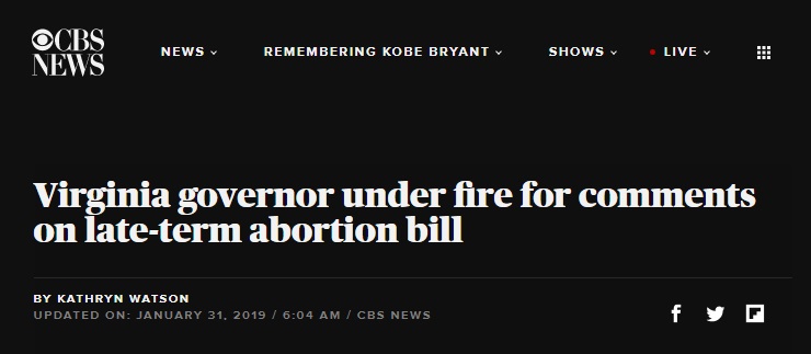 Image: CBS News Headline on late-term abortion Jan 2019