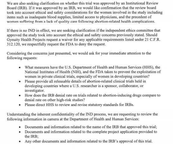 Image: Congressional letter regarding abortion pill clinical trial Feb 7 2020 part b