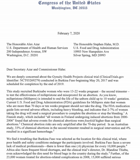 Image: Congressional letter regarding abortion pill clinical trial Feb 7 2020