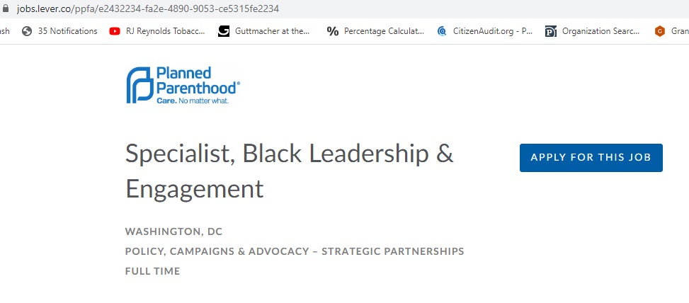 Image: Job posting for Planned Parenthood Specialist Black Leadership accessed 02042020