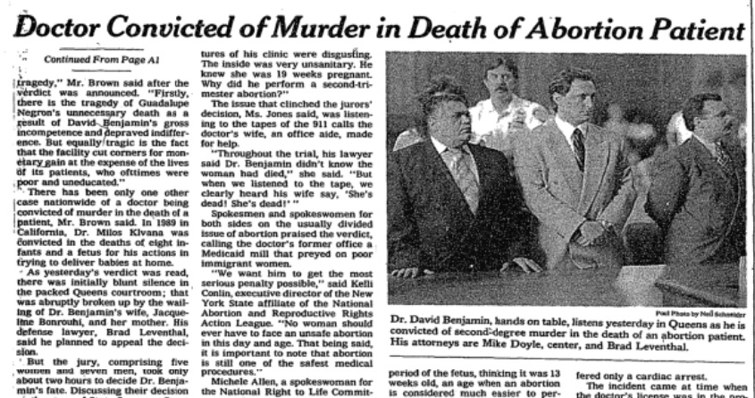 Image: Abortion doc David Benjamin murdered patient (NYT's 8/9/1995)