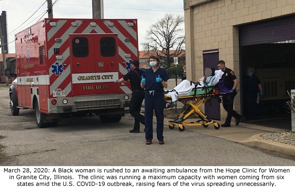 Image: Ambulance at Hope abortion Clinic in Illinois shows staffer in PPE 3-28-2020 (Photo published at: Operation Rescue)