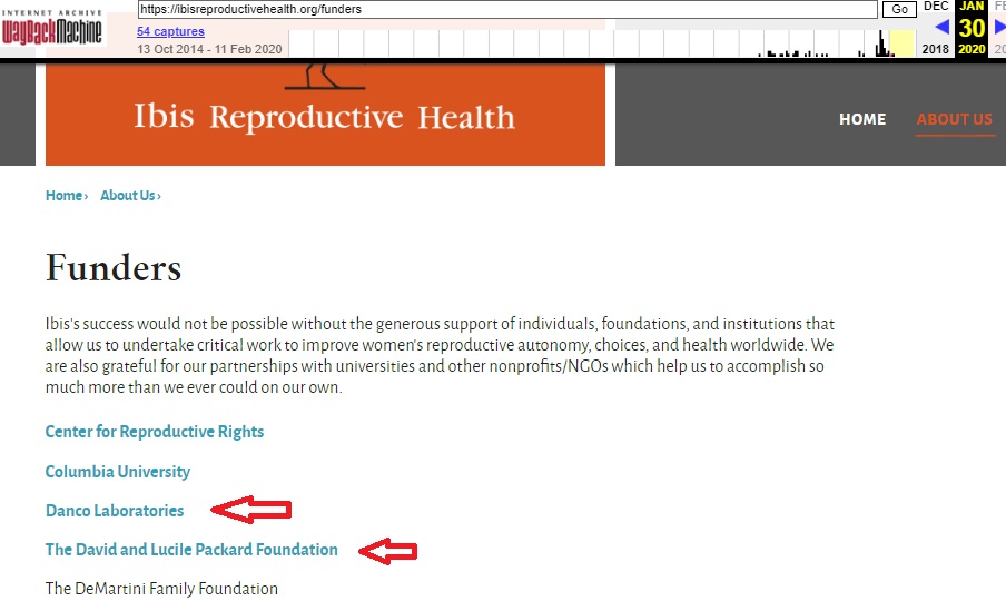 Image: Ibis Reproductive Health funded by abortion pill manufacturer Danco and investor Packard Jan 2020 (Image: WBM)
