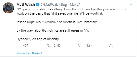 Image: NY abortion remains open amidst COVID19 (Image: Matt Walsh on Twitter) 