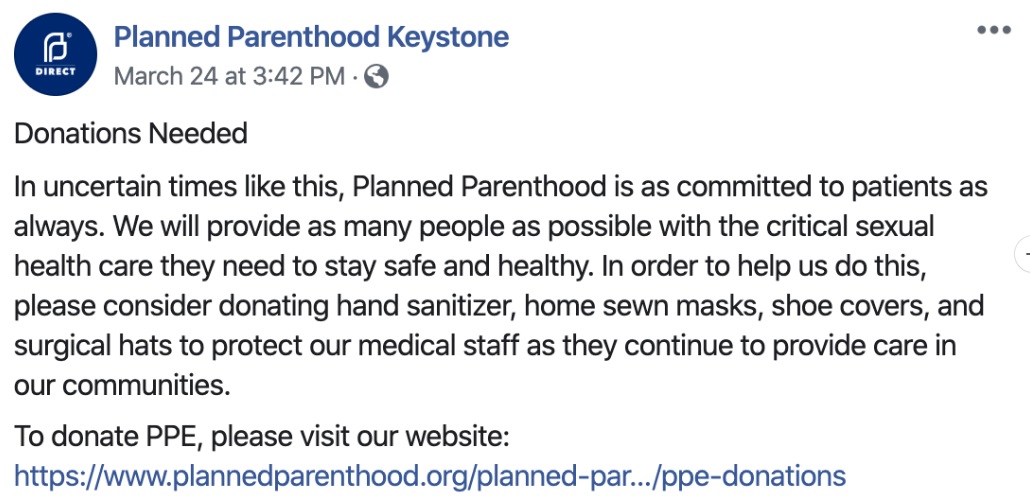 Image: Planned Parenthood Keystone FB asks for PPE during COVID19 1