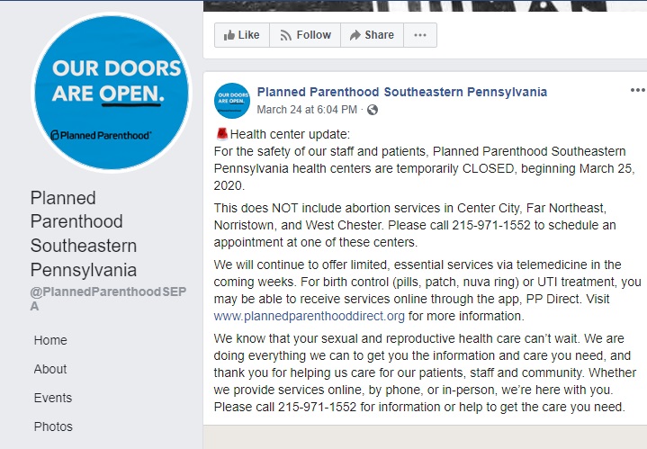 Image: Planned Parenthood SE FB closed for FP open for abortion visits COVID19 1