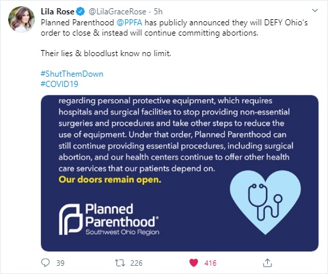Image: Planned Parenthood defies Ohio order on elective abortion procedures during COVID19 (Image: Lila Rose on Twitter)