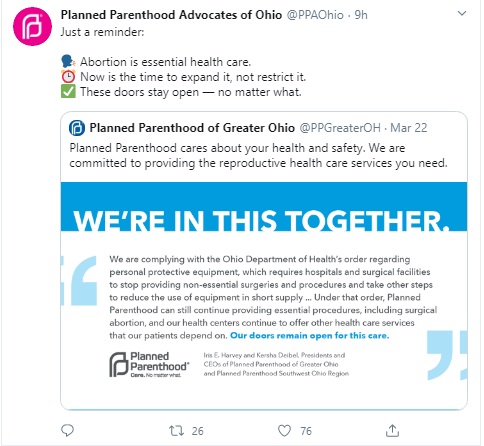 Image: Planned Parenthood defies Ohio order on elective procedures during COVID19 to continue abortion (Image: Twitter)