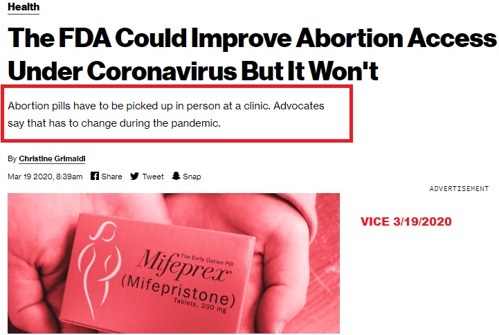 Image: Vice pushes FDA lift REMS on abortion pill for COVID19 crisis