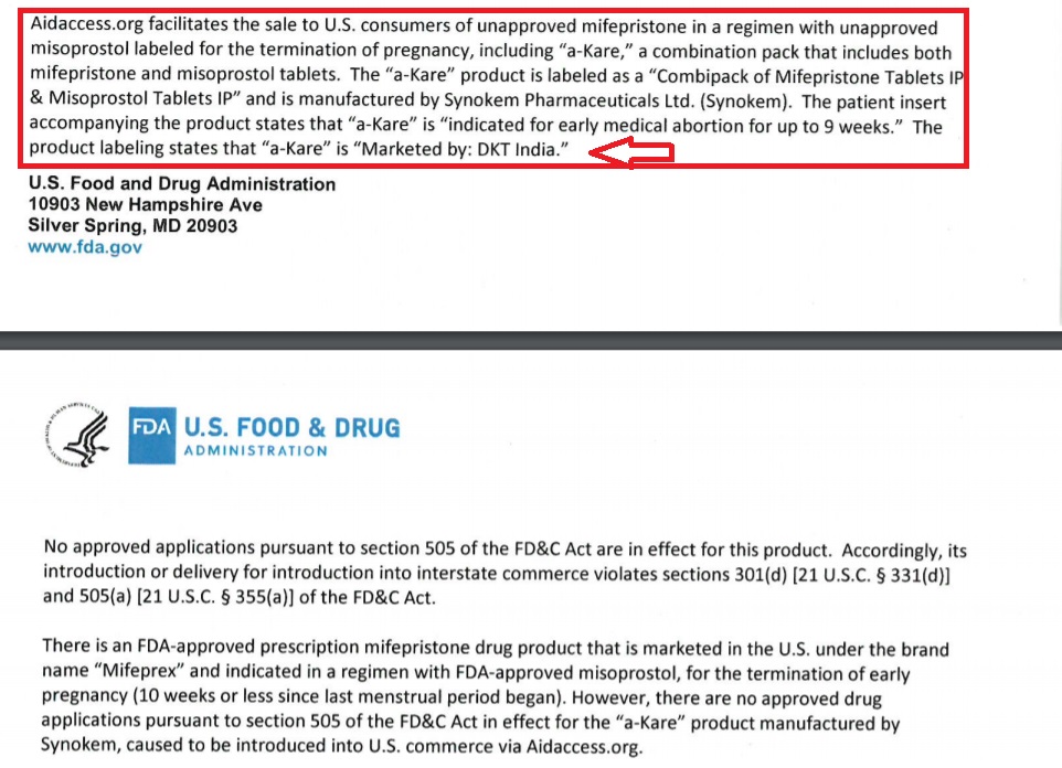 Image: FDA letter to Aid Access notes abortion pill a-Kare marketed by DKT India