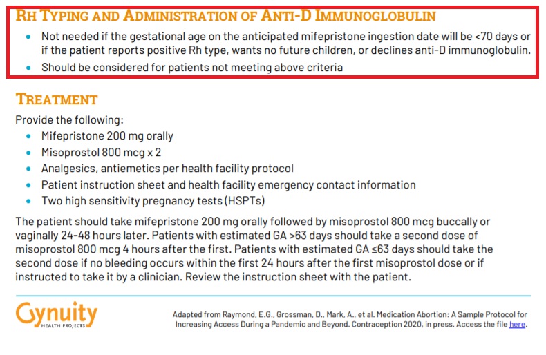 Image: Gynuity no test abortion protocol commentary excludes RH Testing