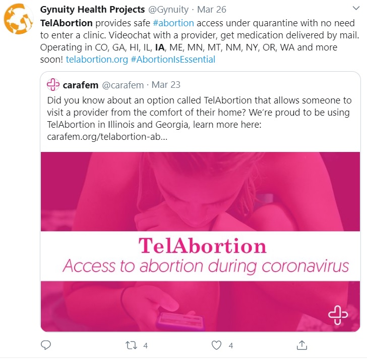 Image: Gynuity tweets additional TelAbortion states for mail order abortion pill (Image: Twitter)