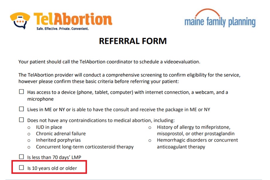 Image: Maine FP TelAbortion abortion pill by mail referral recruits ages ten years old