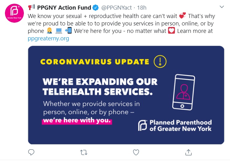 Image: Planned Parenthood Greater NY telehealth tweet