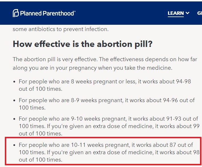 Image: Planned Parenthood abortion failure rate updated to 77 days 11 weeks (PPFA website accessed 05072020) 