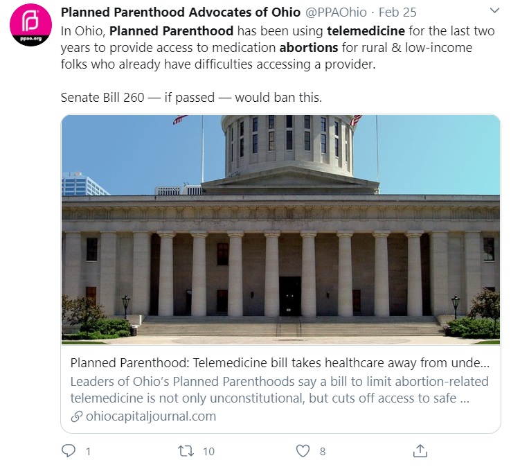 Image: Planned Parenthood telemedicine for abortion in Ohio (Image: Twitter) 