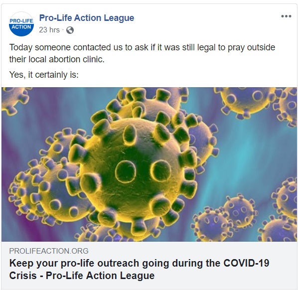 Image: Pro-life Action League pro-life during COVID19 (Image: Twitter)
