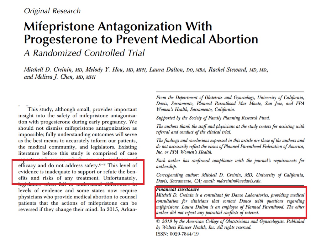 Image: APR Study authored by Mitchell Creinin funded by abortion pill mfg Danco and Planned Parenthood employee Laura Dalton