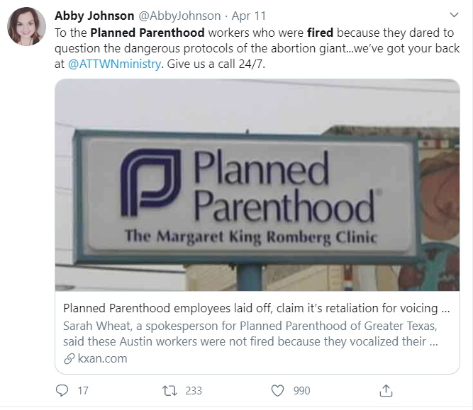 Image: Abby Johnson responds to fired Planned Parenthood staffers (Image: Twitter)