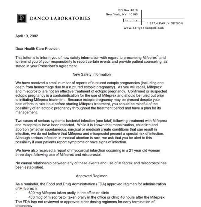Image: Danco Dear HC Provider letter warns that abortion pill not treatment for ectopic pregnancy 2002