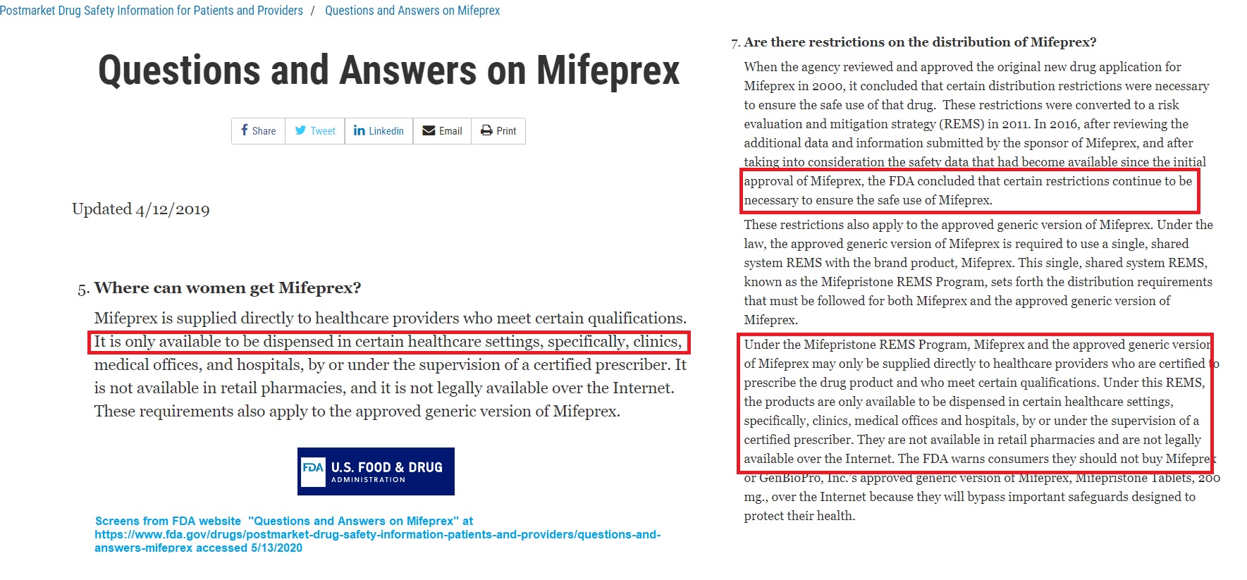Image: FDA website shows abortion pills can only be dispensed in a clinic or HC facility