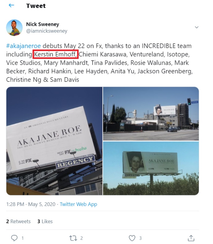 Image: Nick Sweeney tweet Kerstin Emhoff Daughter of Kamala Harris tied to Jane Roe FX Film (Image: Twitter) 