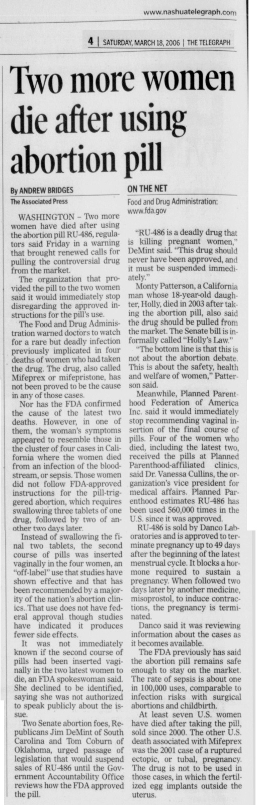 Image: 2006 Abortion pill deaths Image Nashua Telegraph