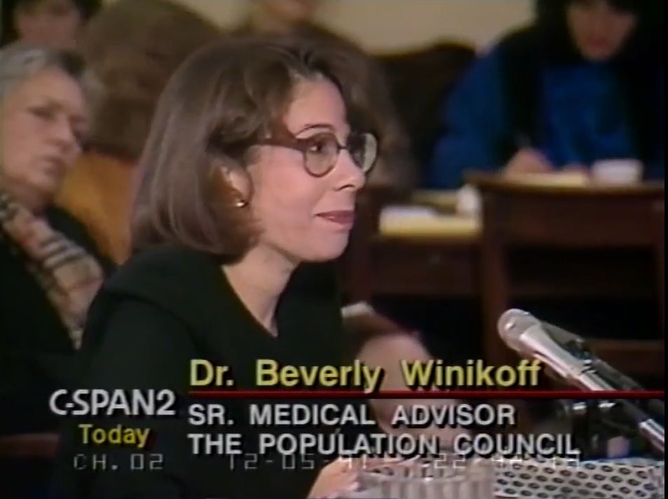 Image: Bevery Winikoff testifies for Population Council on RU486 abortion pill 1991 (Image: CSpan) 