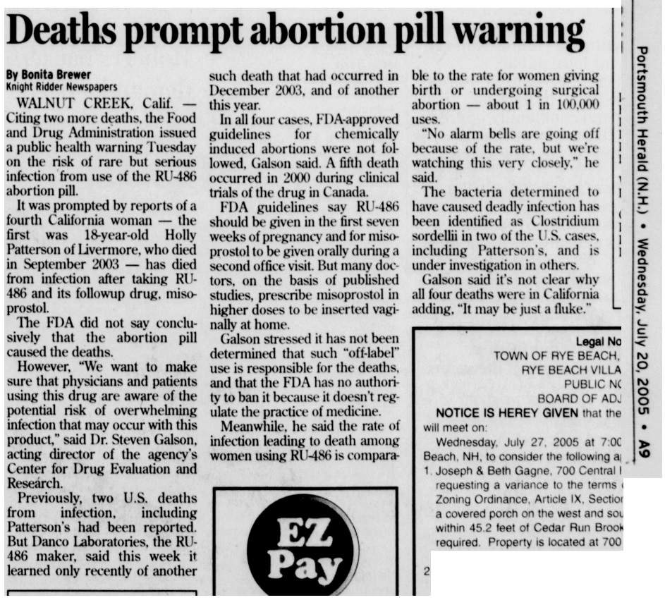 Image: Deaths prompt abortion pill warning (Image: Portsmouth Herald 2005 )