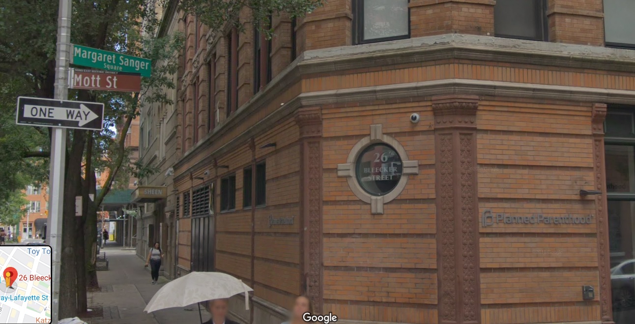 Image: Planned Parenthood Margaret Sanger Center New York 26 Bleecker St (Image: Google Street view 2019) 