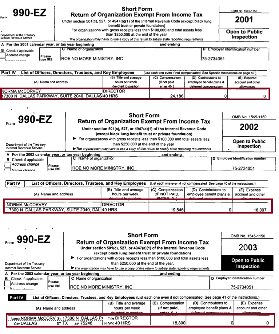 Image: Norma McCorvey Roe V Wade compensation 990 2001 to 2003