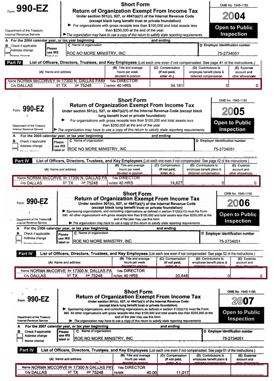 Image: Norma McCorvey Roe V Wade compensation 990 2004 to 2007