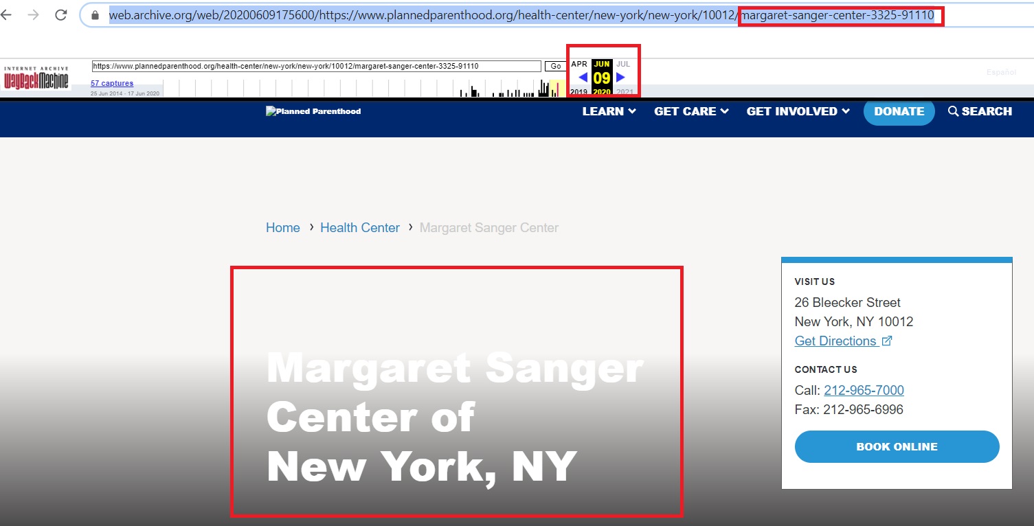 Image: Screen of Planned Parenthood NY Margaret Sanger Center website June 9, 2020 