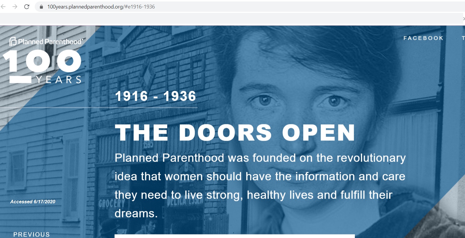 Image: Planned Parenthood 100 years founded by Margaret Sanger Society accessed 06172020