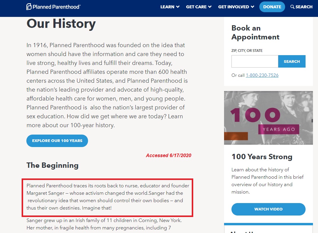 Image: Planned Parenthood FA history Margaret Sanger accessed 06172020