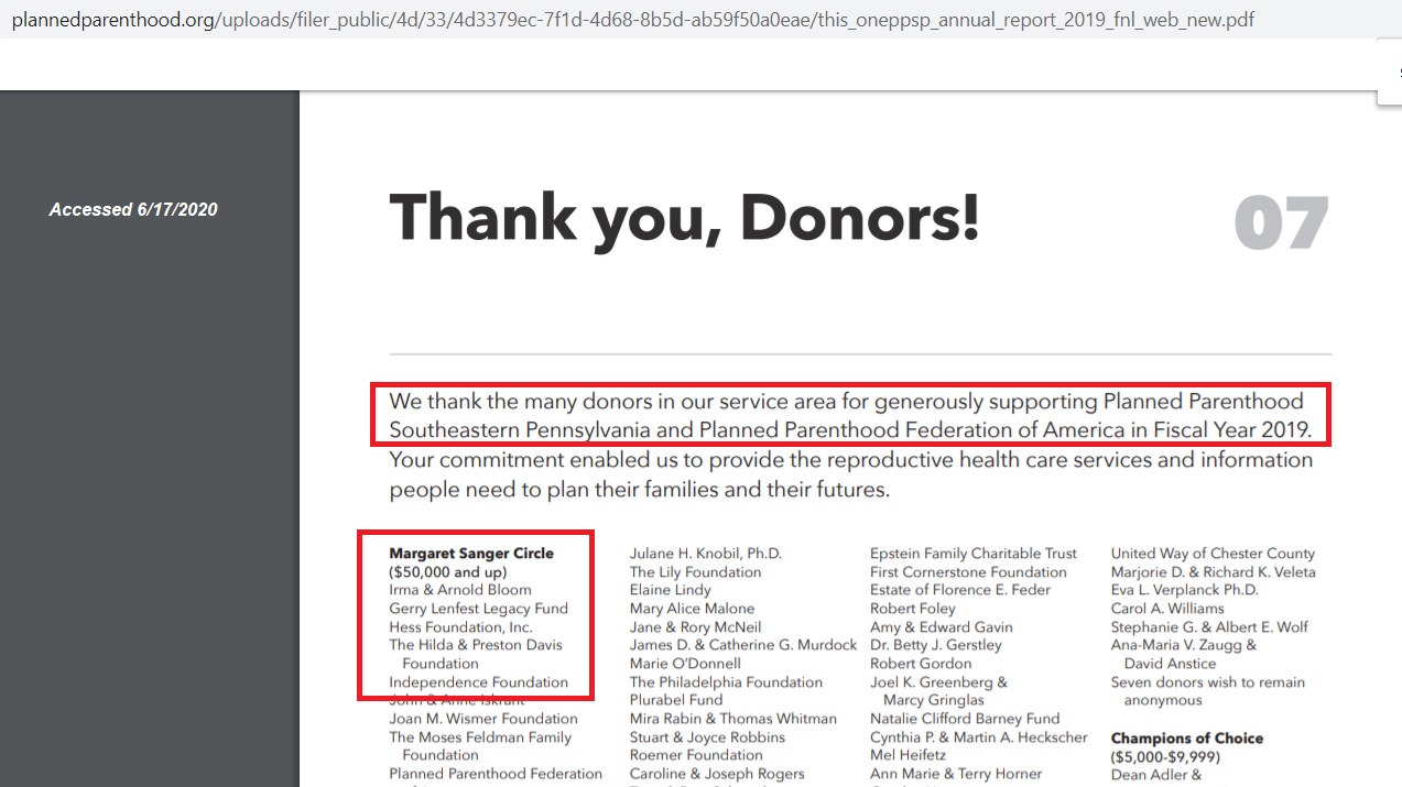 Image: Planned Parenthood PA donors Margaret Sanger Circle 2019 AR accessed 06172020