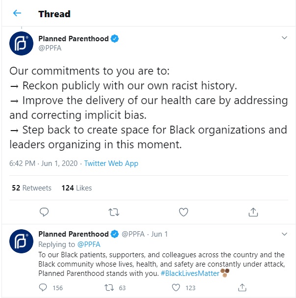 Image: Planned Parenthood tweets on their own racist history (Image: Twitter June 1,2020)