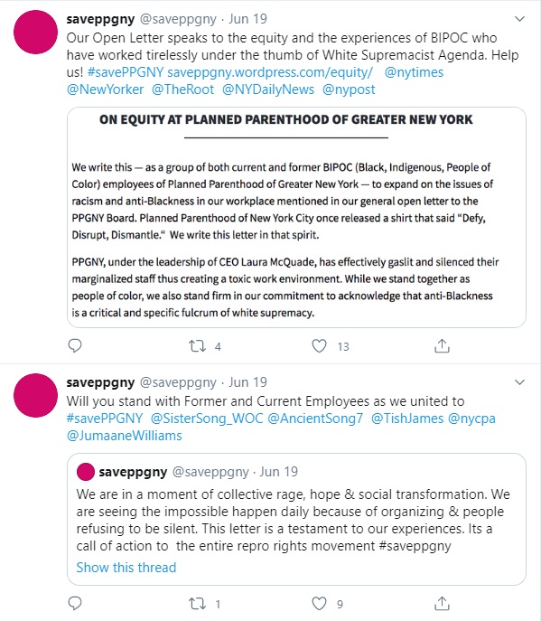 Image: Save Planned Parenthood Greater New York PPGNY tweet claims they work under White Supremacist agenda (Image: Twitter)