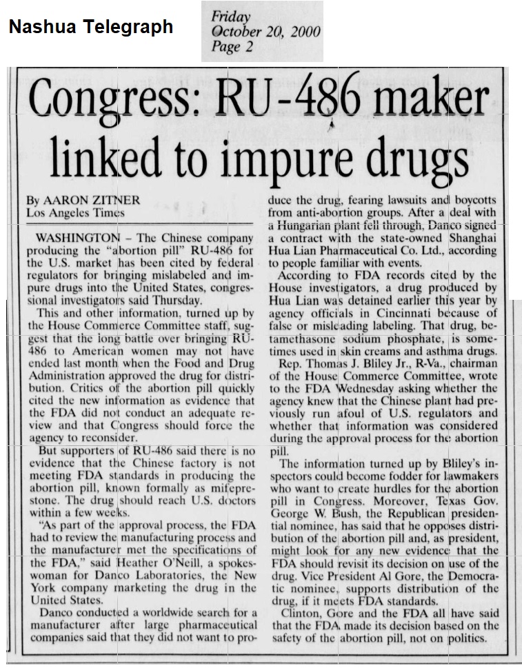 Image: Abortion pill manufactured in China where drugs are not safe (Image: Nashua Telegraph 2000) 