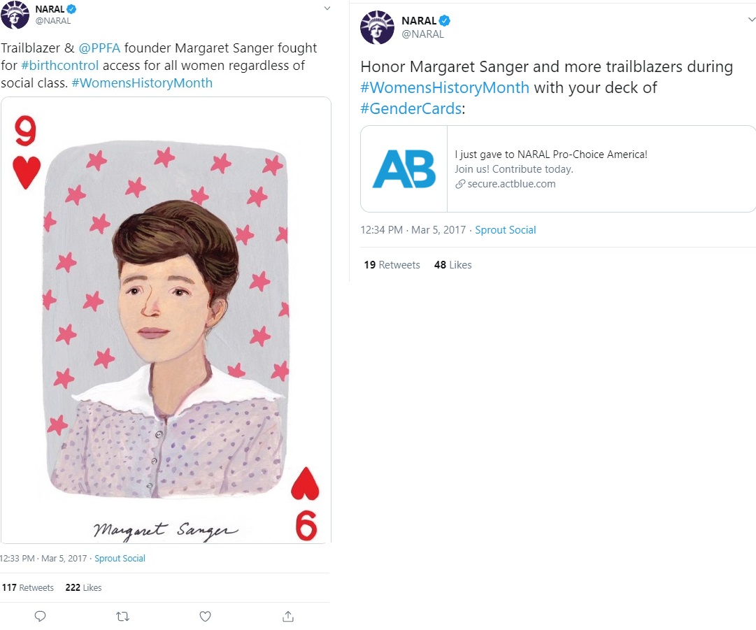 Image: NARAL prochoice tweets praises to Planned Parenthood founder racist Margaret Sanger (Image: Twitter)
