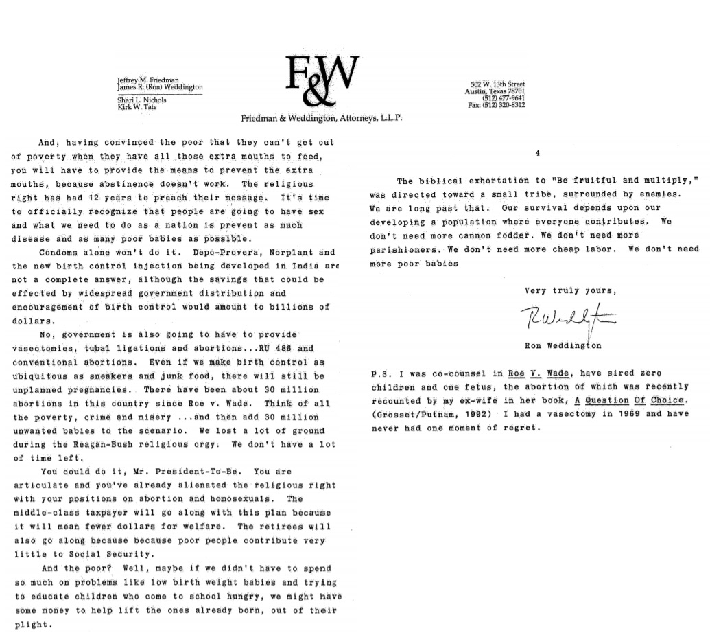 Image: Ron Weddington letter about RU486 abortion pill to President Clinton page 3 to 4 (Image: Judicial Watch) 