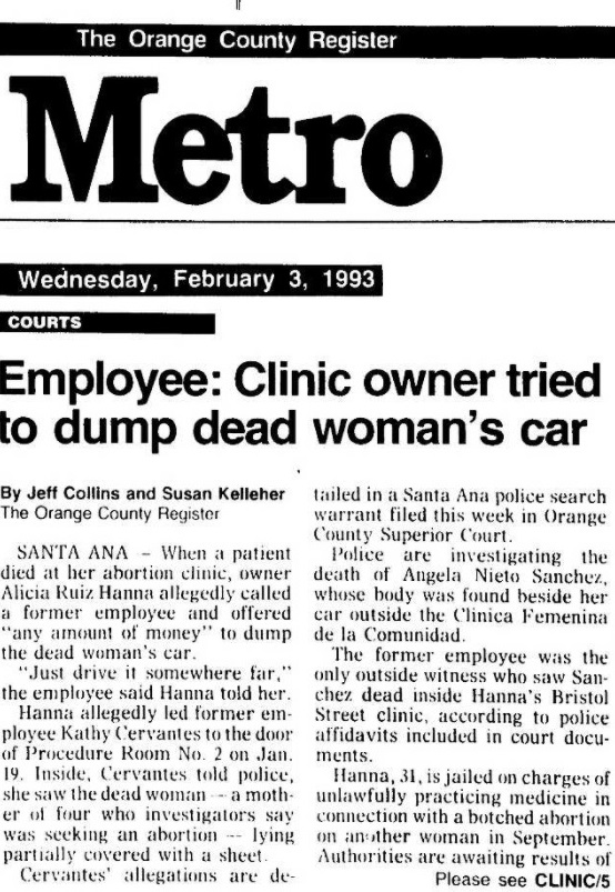 Image: Abortion clinic owner Alicia Ruiz Hanna on abortion patient death Orange County Register Feb 3 1993 