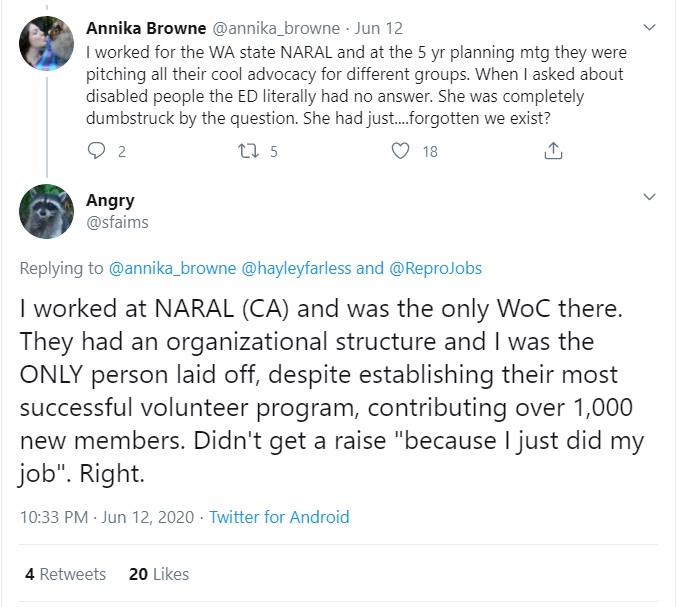 Image: NARAL former WOC claims she was laid off (Image: Twitter)