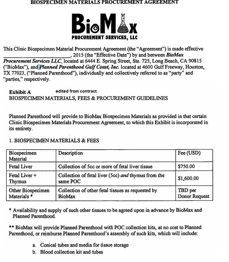 Image: Service agreement to CMP from BIOMAX aborted fetal tissue from Planned Parenthood Gulf Coast 