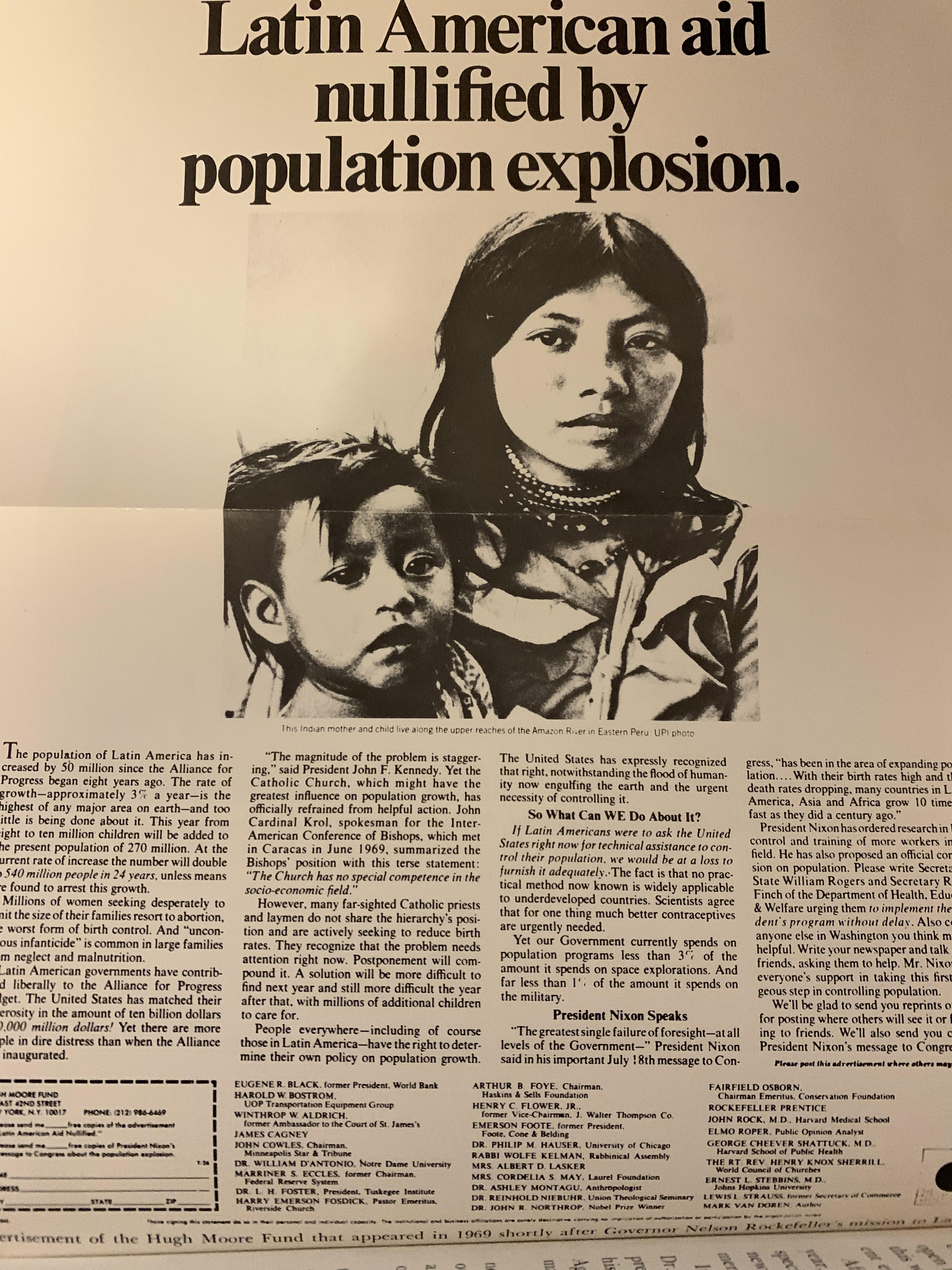 Image: Hugh Moore Fund 1969 ad signed by Cordilia Scaife May against Lating immigration