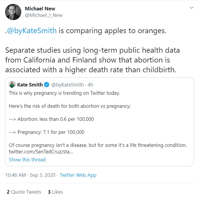 Image: Michael New responds to CBS News reported Kate Smith on abortion mortality (Image: Twitter)