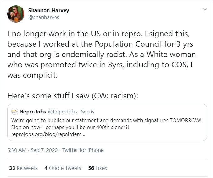 Image: Population Council accused of being endemically racist according to Shannon Harvey (Image: Twitter)